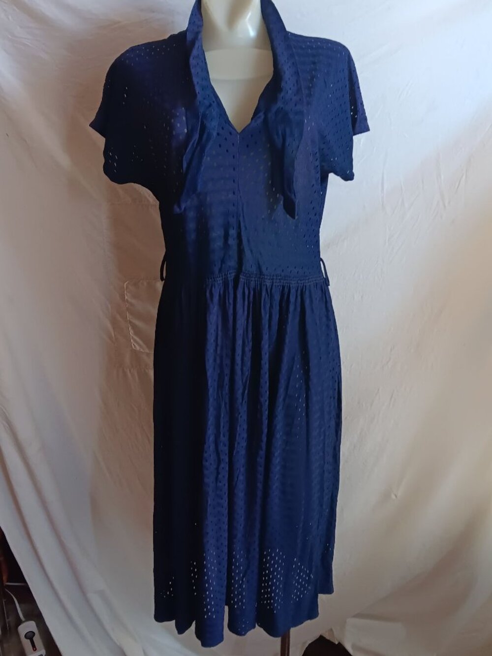 True Vintage Dress 1OF1 8 1960's Eyelet Midi Tie Neck Slinky Stretch Nylon